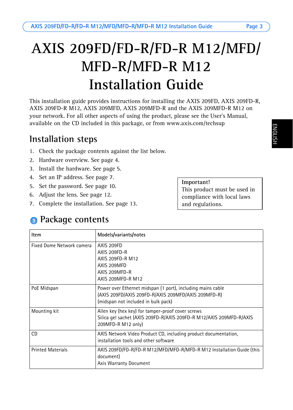 Installation steps, Package contents | Axis Communications 209MFD User Manual | Page 3 / 73