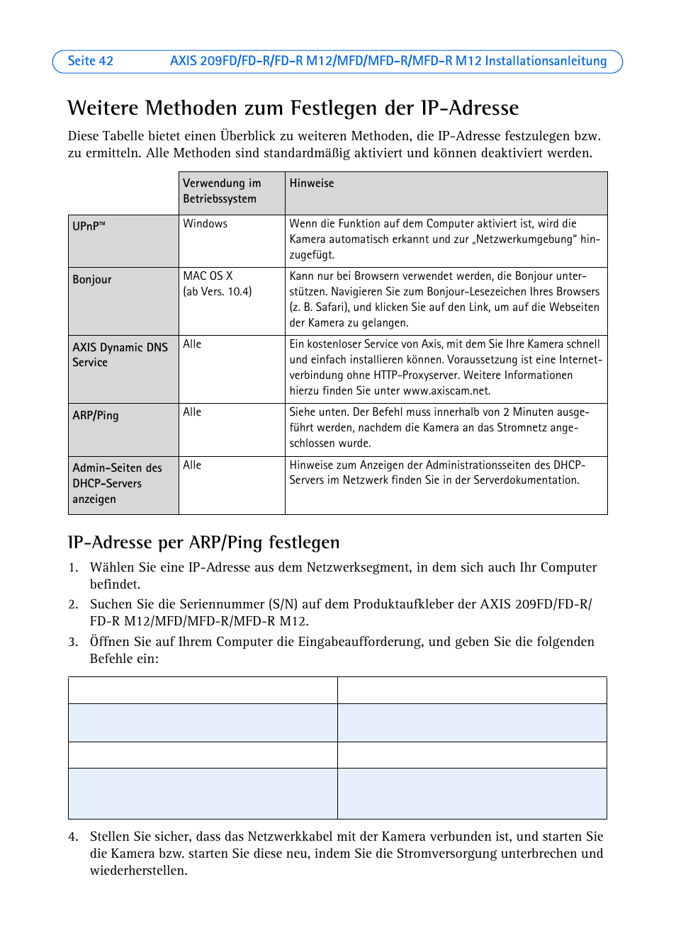 Weitere methoden zum festlegen der ip-adresse, Ip-adresse per arp/ping festlegen | Axis Communications 209MFD User Manual | Page 42 / 73