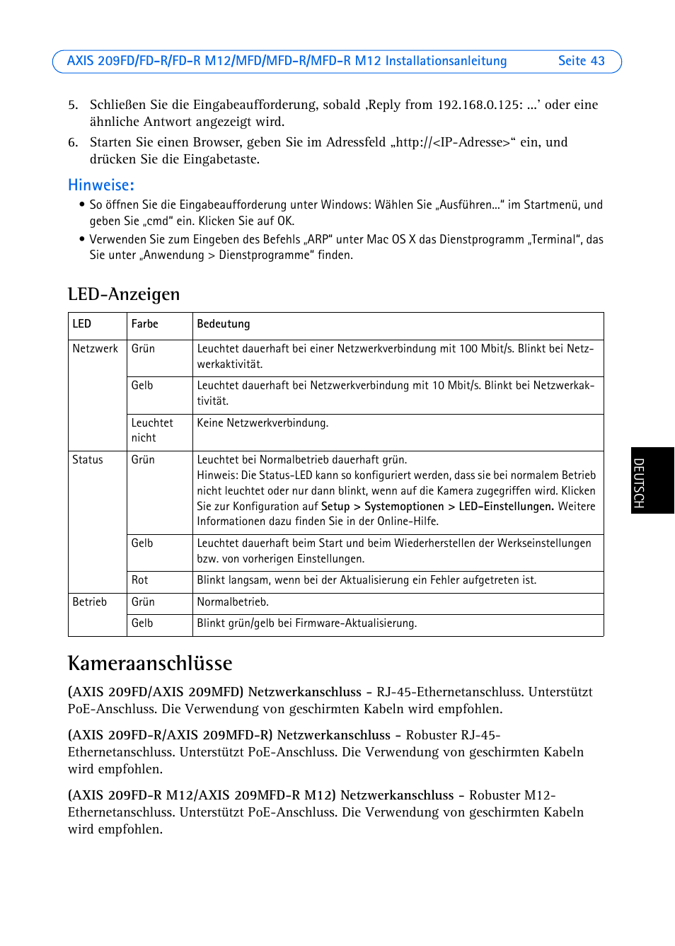 Led-anzeigen, Kameraanschlüsse, E auf seite 43 | Hinweise | Axis Communications 209MFD User Manual | Page 43 / 73
