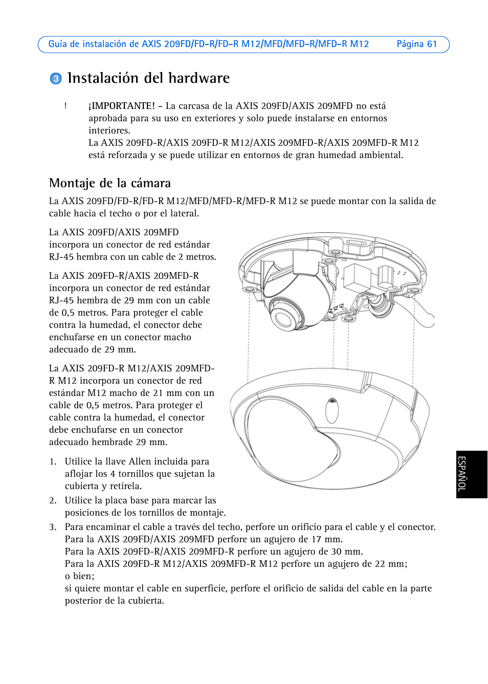 Instalación del hardware, Montaje de la cámara | Axis Communications 209MFD User Manual | Page 61 / 73