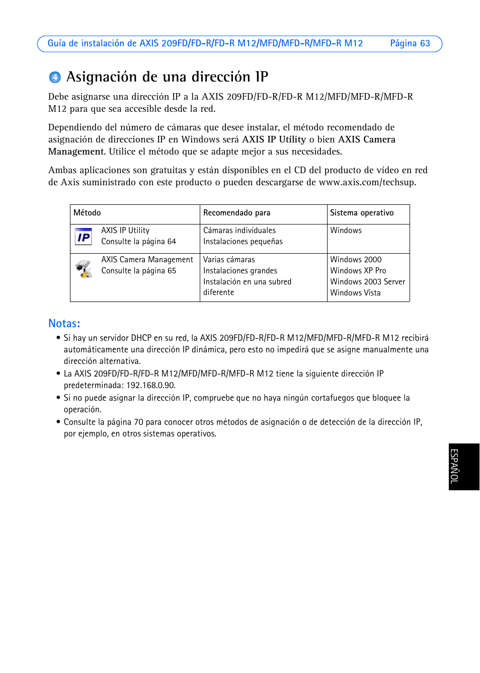 Asignación de una dirección ip, Notas | Axis Communications 209MFD User Manual | Page 63 / 73