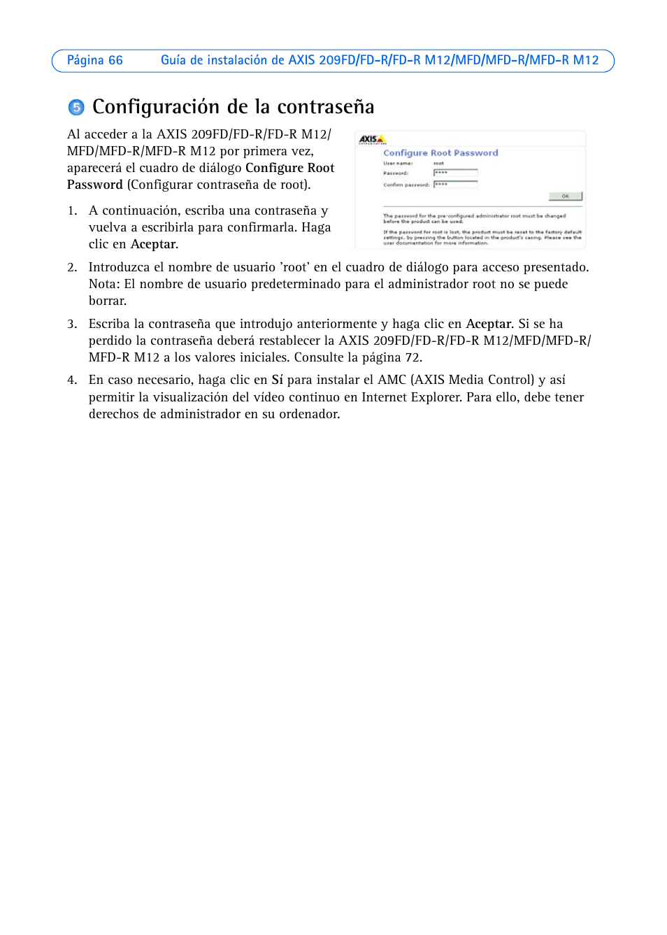 Configuración de la contraseña | Axis Communications 209MFD User Manual | Page 66 / 73