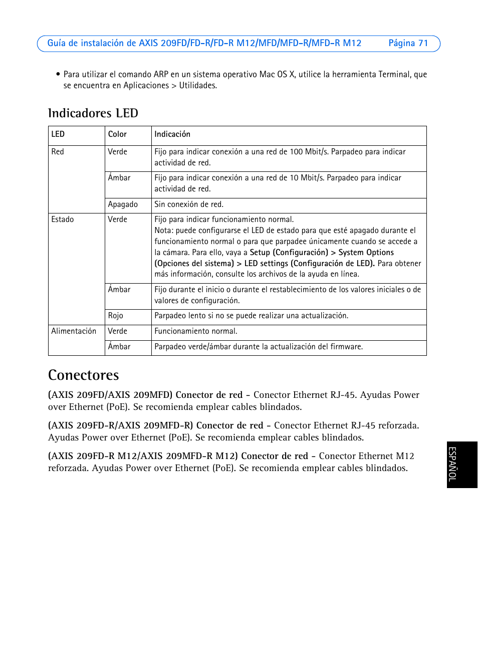 Indicadores led, Conectores | Axis Communications 209MFD User Manual | Page 71 / 73