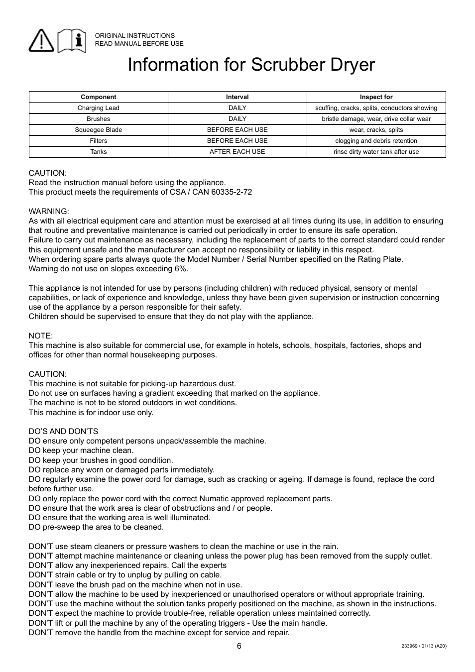 Information for scrubber dryer | NaceCare Solutions TTB516 User Manual | Page 6 / 24