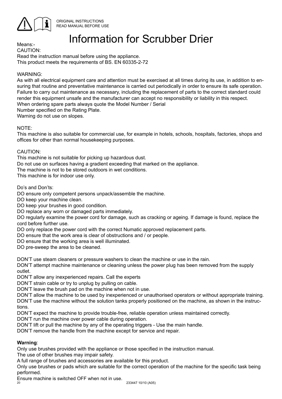 Information for scrubber drier | NaceCare Solutions TTB4552 User Manual | Page 20 / 44