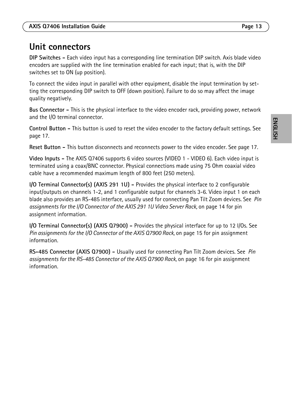 Unit connectors | Axis Communications Video Encoder Blade AXIS Q7406 User Manual | Page 13 / 92