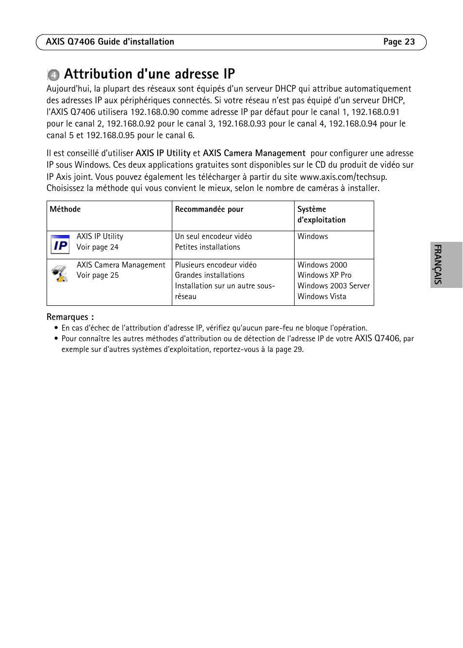 Attribution d'une adresse ip | Axis Communications Video Encoder Blade AXIS Q7406 User Manual | Page 23 / 92