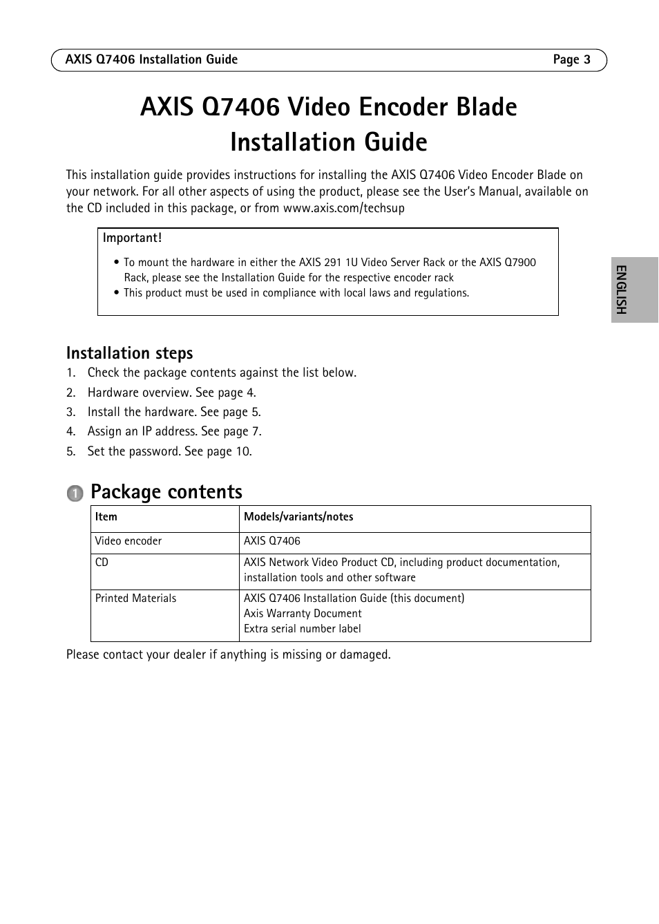 Axis q7406 video encoder blade installation guide, Installation steps, Package contents | Axis Communications Video Encoder Blade AXIS Q7406 User Manual | Page 3 / 92