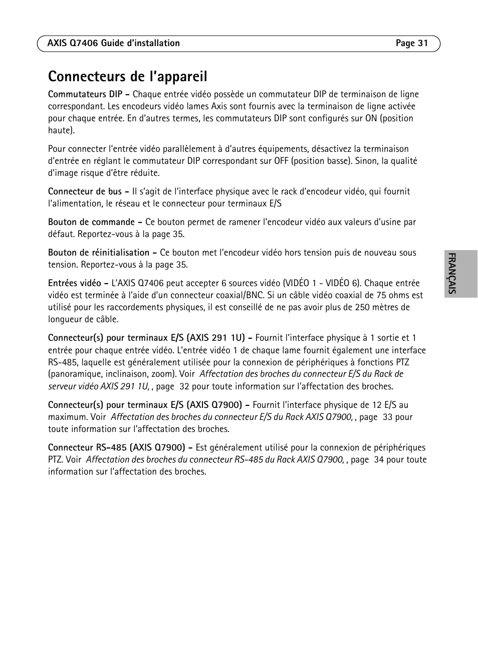 Connecteurs de l’appareil | Axis Communications Video Encoder Blade AXIS Q7406 User Manual | Page 31 / 92