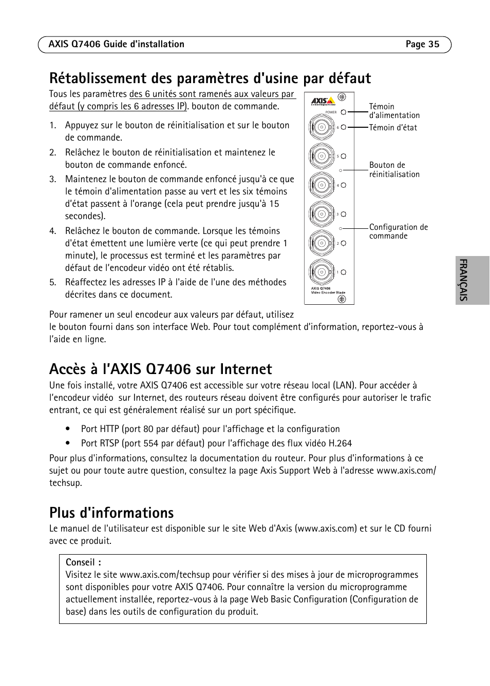 Rétablissement des paramètres d'usine par défaut, Accès à l’axis q7406 sur internet, Plus d'informations | Axis Communications Video Encoder Blade AXIS Q7406 User Manual | Page 35 / 92