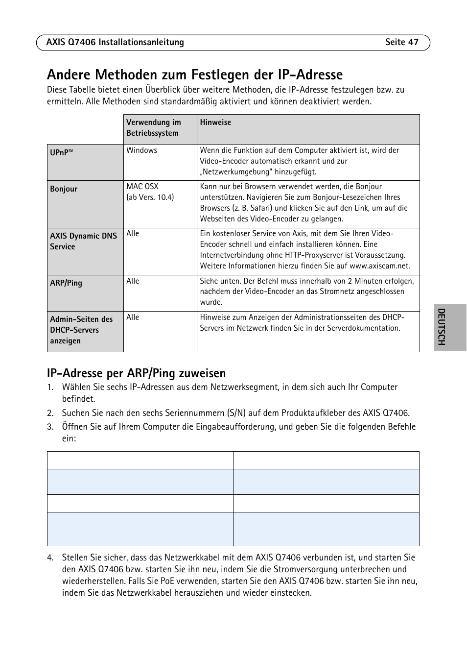 Andere methoden zum festlegen der ip-adresse, Ip-adresse per arp/ping zuweisen | Axis Communications Video Encoder Blade AXIS Q7406 User Manual | Page 47 / 92