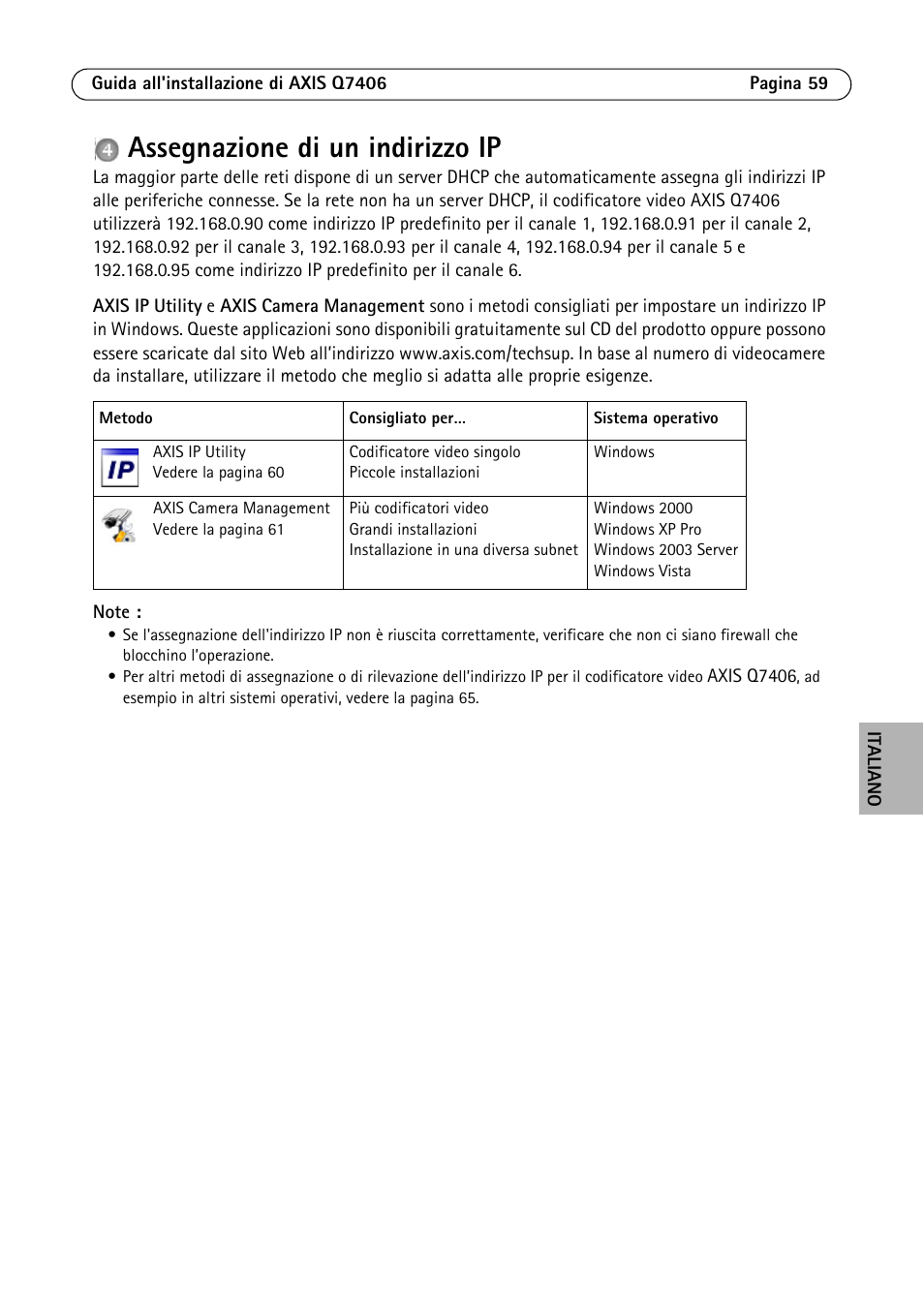 Assegnazione di un indirizzo ip | Axis Communications Video Encoder Blade AXIS Q7406 User Manual | Page 59 / 92