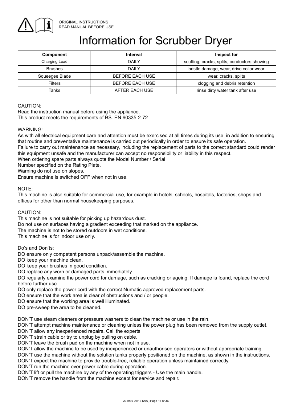 Information for scrubber dryer | NaceCare Solutions TTB4550T User Manual | Page 16 / 36