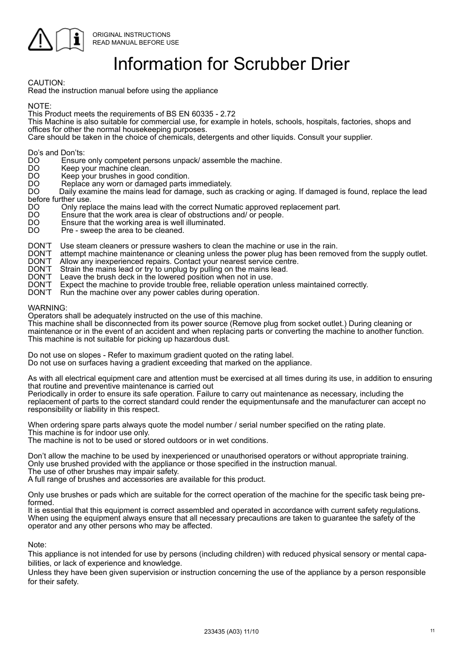 Information for scrubber drier | NaceCare Solutions TTQ3035 User Manual | Page 11 / 24
