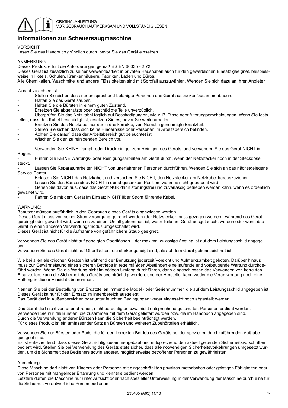Informationen zur scheuersaugmaschine | NaceCare Solutions TTQ3035 User Manual | Page 13 / 24