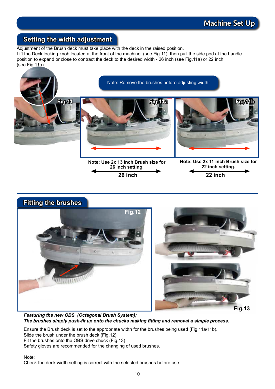 Machine set up, Fitting the brushes setting the width adjustment | NaceCare Solutions TTV5565 User Manual | Page 10 / 28