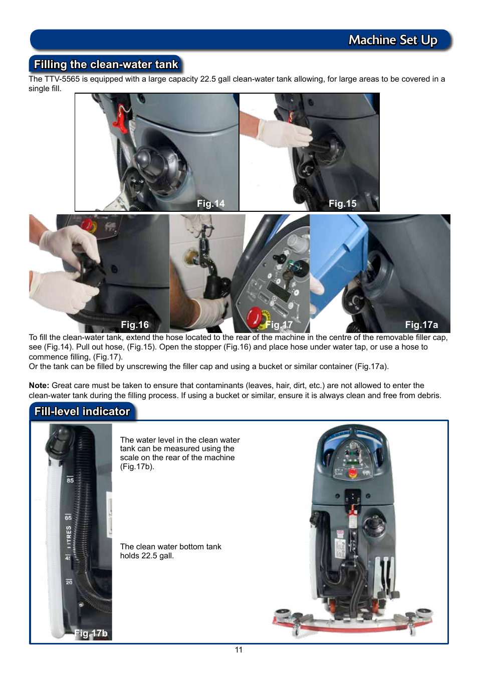 Machine set up, Filling the clean-water tank fill-level indicator | NaceCare Solutions TTV5565 User Manual | Page 11 / 28