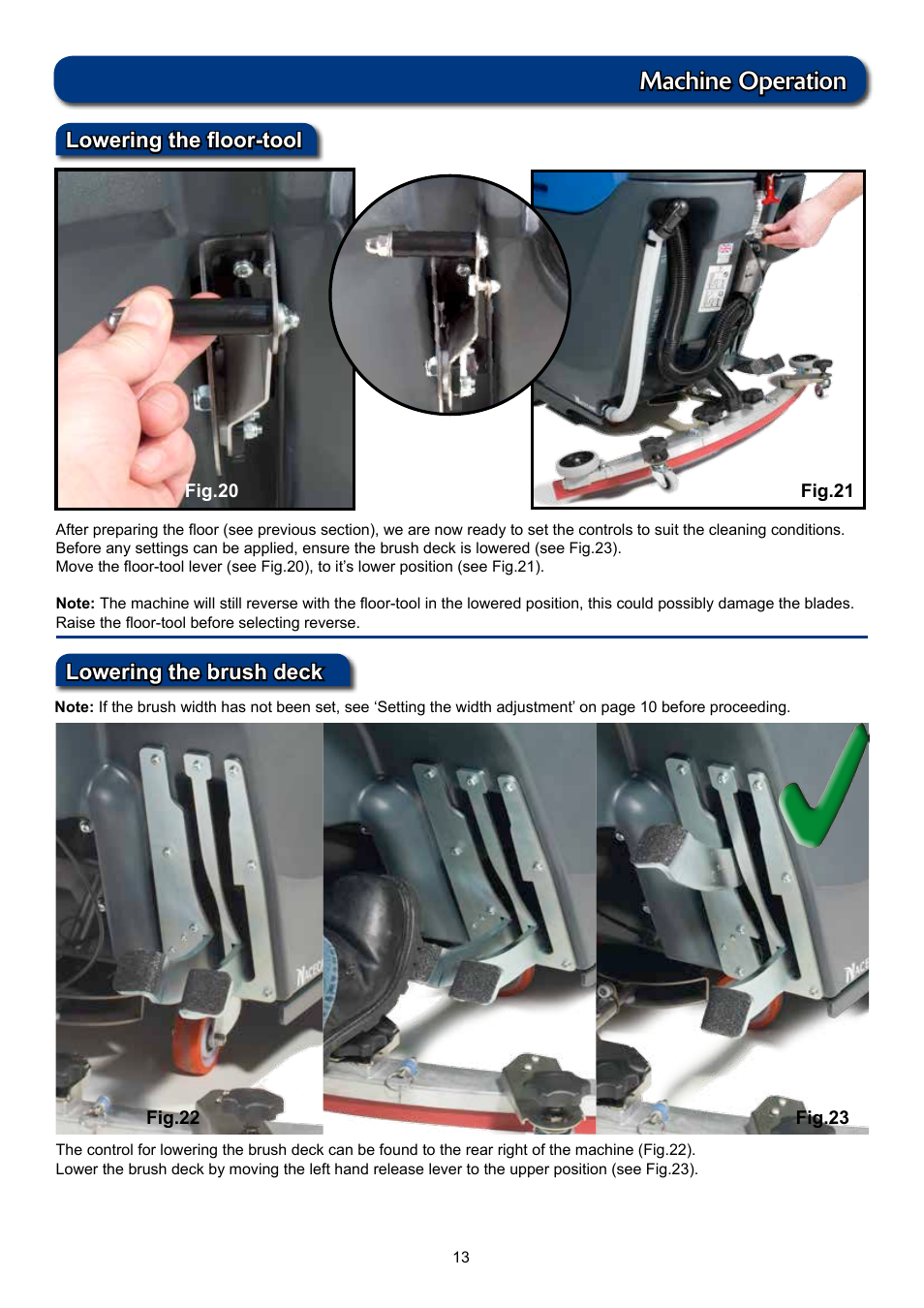 Machine operation, Lowering the floor-tool lowering the brush deck | NaceCare Solutions TTV5565 User Manual | Page 13 / 28