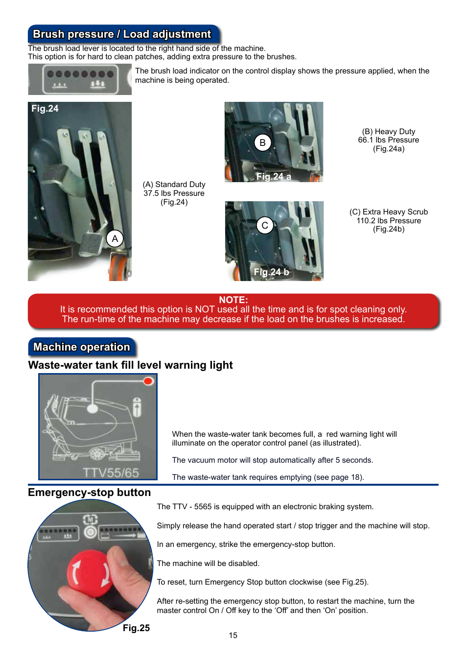 Waste-water tank fill level warning light, Emergency-stop button, Brush pressure / load adjustment machine operation | NaceCare Solutions TTV5565 User Manual | Page 15 / 28