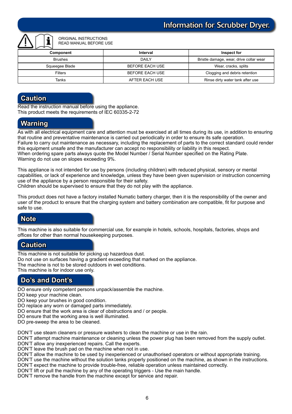 Information for scrubber dryer, Caution | NaceCare Solutions TTV5565 User Manual | Page 6 / 28