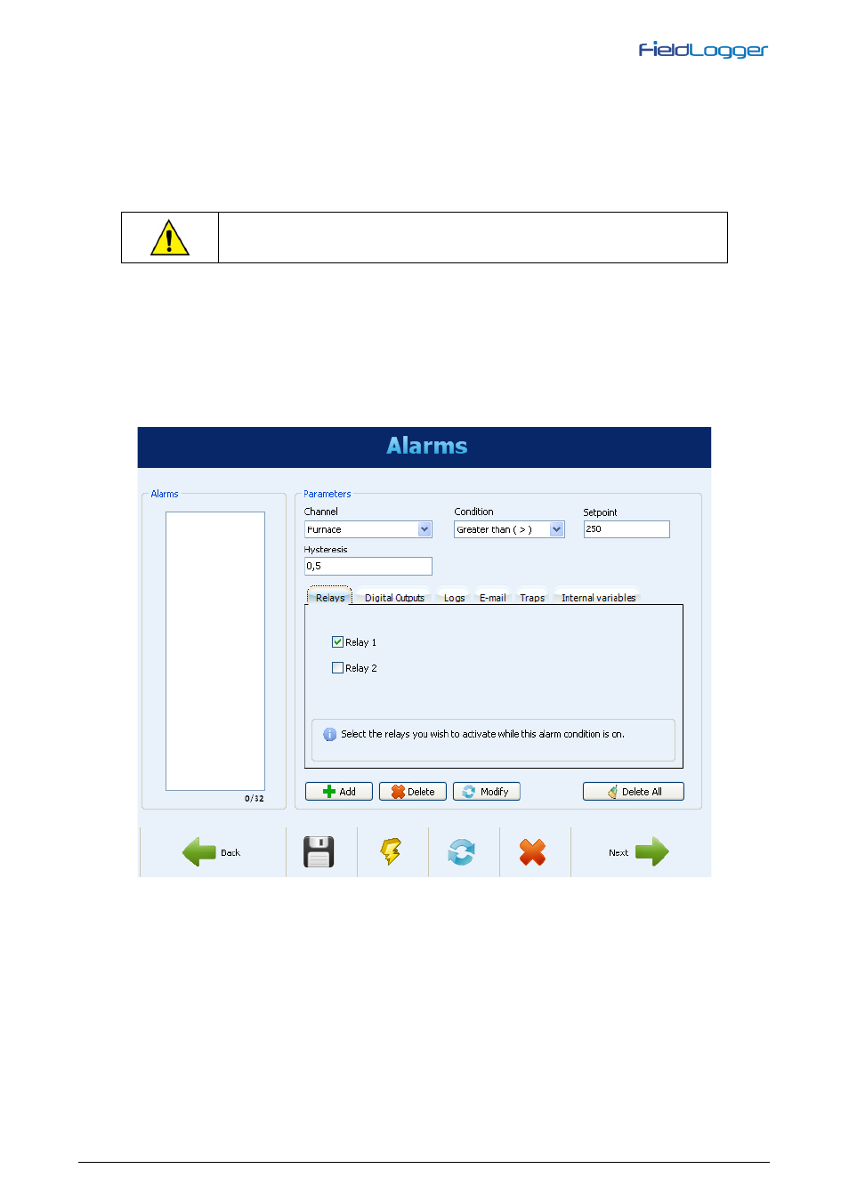 Alarms configuration | NOVUS V1.5x A User Manual | Page 44 / 103