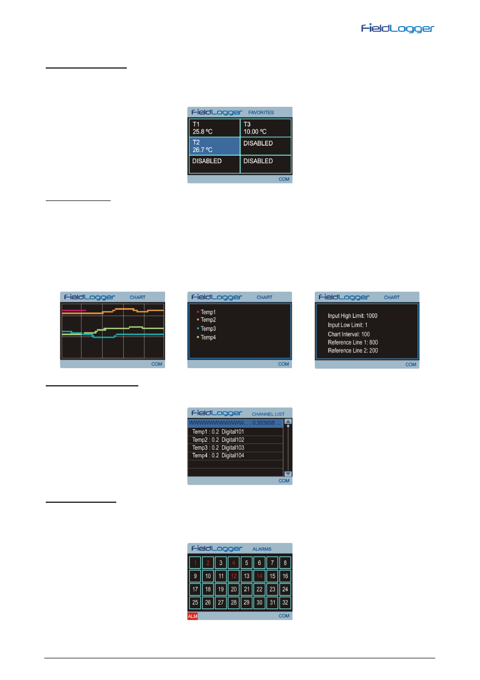 Favorites” screen, Chart” screen, Channel list” screen | Alarms” screen | NOVUS V1.5x A User Manual | Page 93 / 103