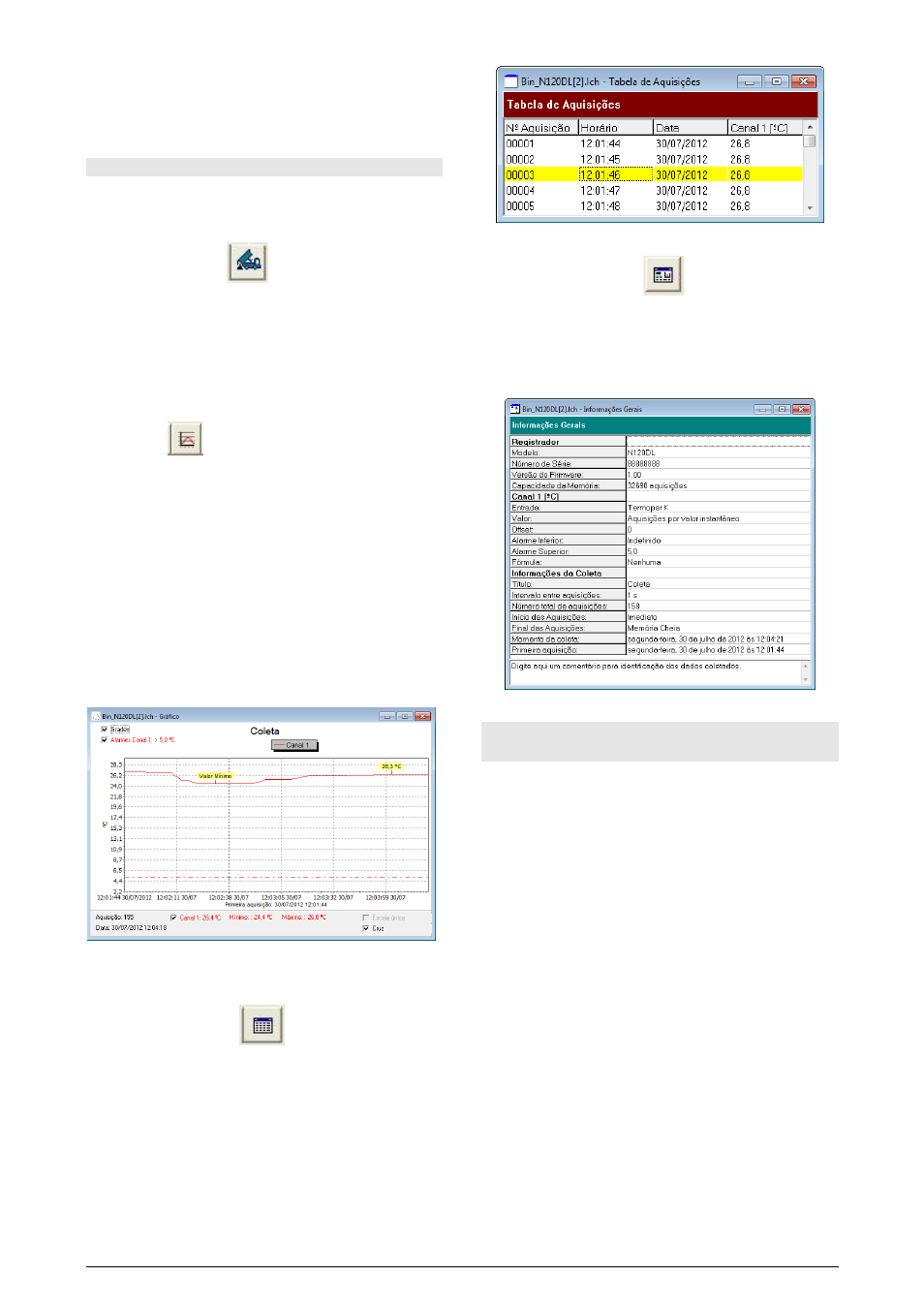 Collecting data and viewing, Collecting the data, Viewing the data collected | Chart window, Acquisition table windows, General information window, Determination | NOVUS Controller N120 User Manual | Page 12 / 14