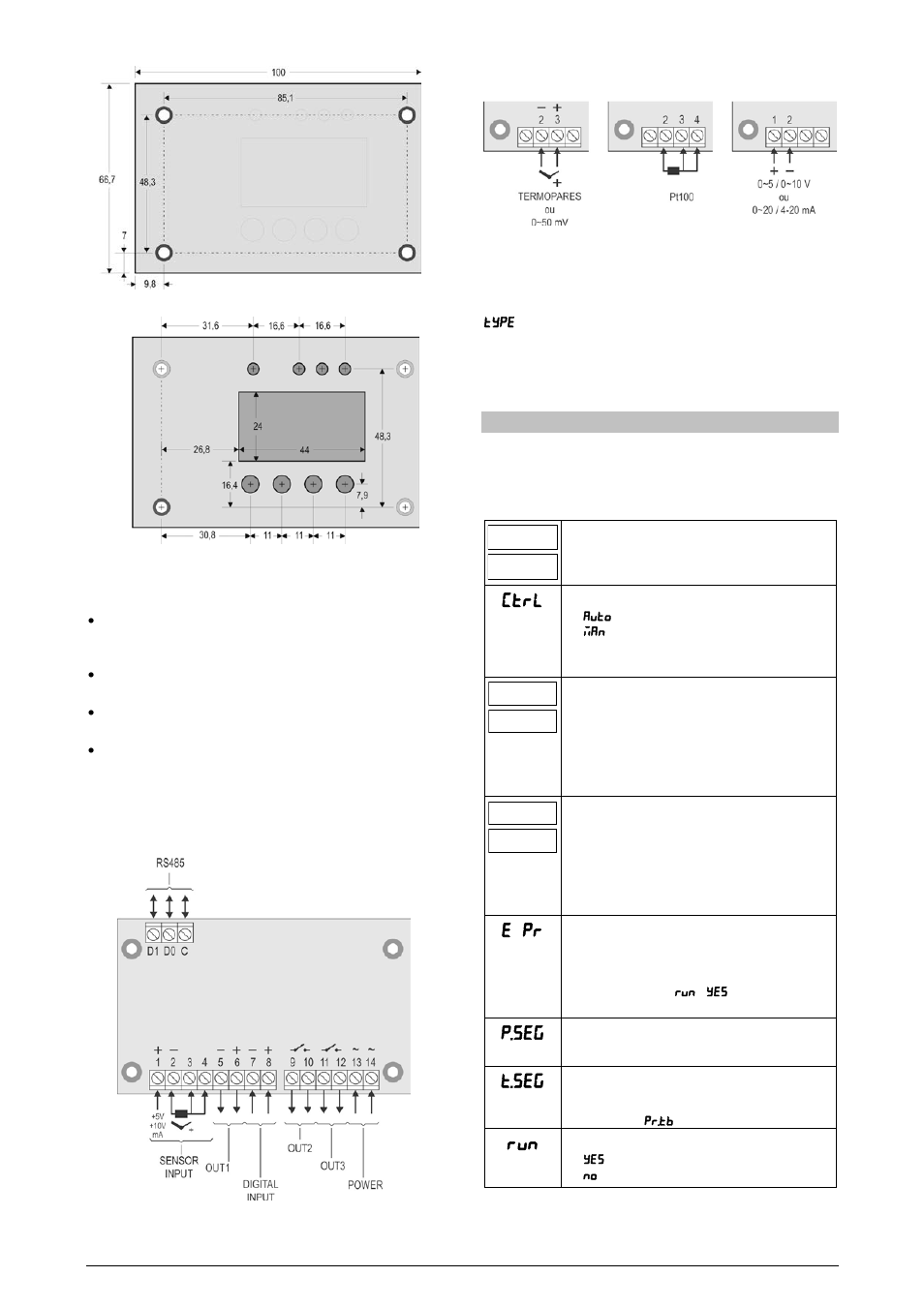 Electrical wiring, Sensor input connections, Description of the parameters | Operation level, E pr, P.seg, T.seg | NOVUS Controller N120 User Manual | Page 5 / 14