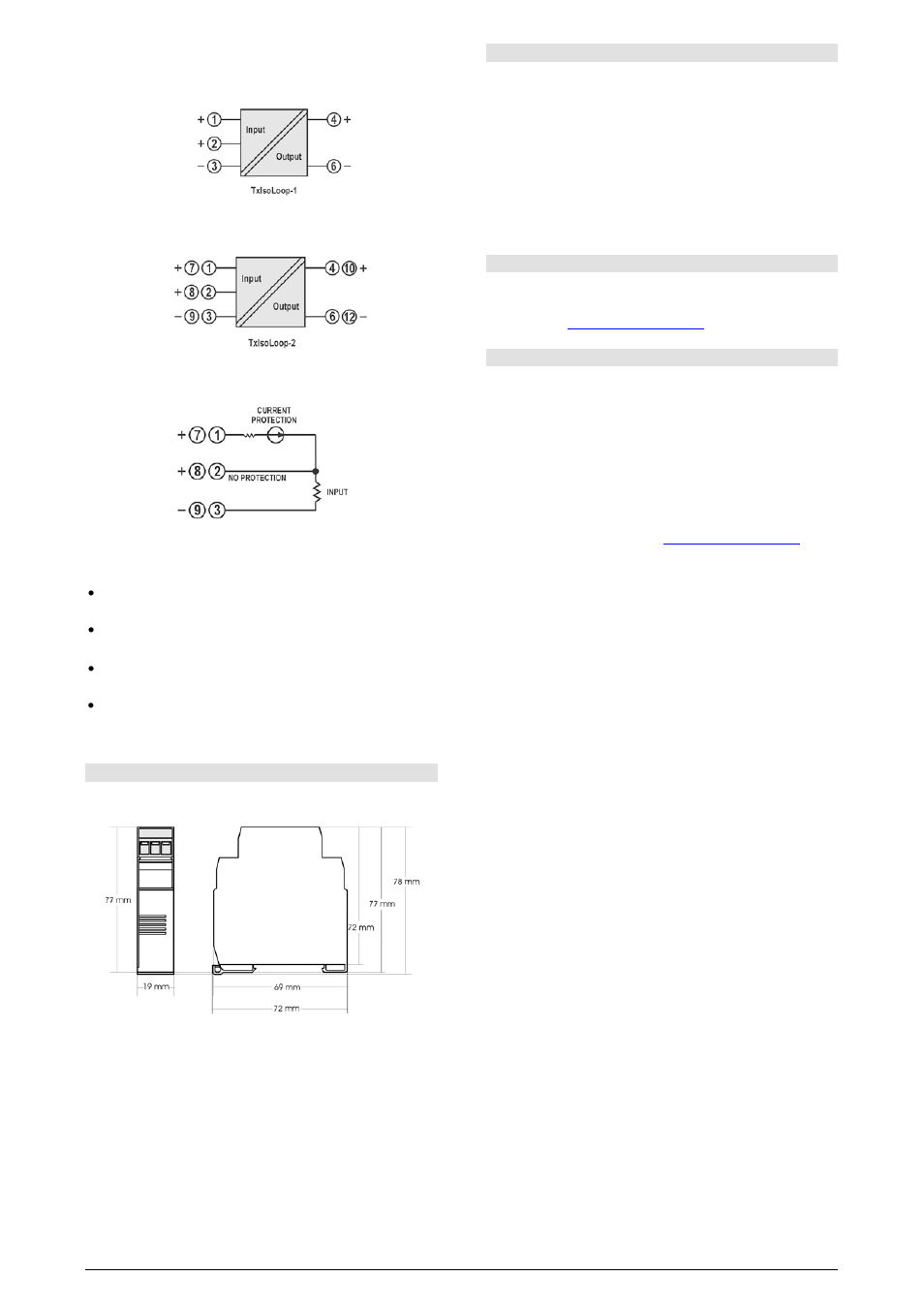 Electrical wiring, Recomendations for installation, Mechanical installation | Safety information, Support and maintenance, Limited warranty and limitation of liability | NOVUS TxIsoLoop-1/TxIsoLoop-2 User Manual | Page 2 / 2