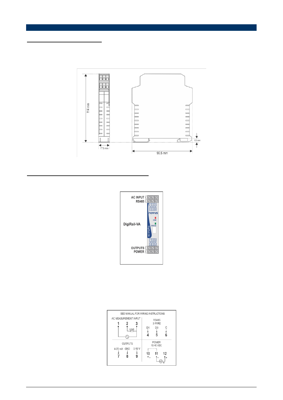 Installation and operation, Mechanical installation, Dimensions | Electrical installations and operation | NOVUS DigiRail-VA User Manual | Page 4 / 19