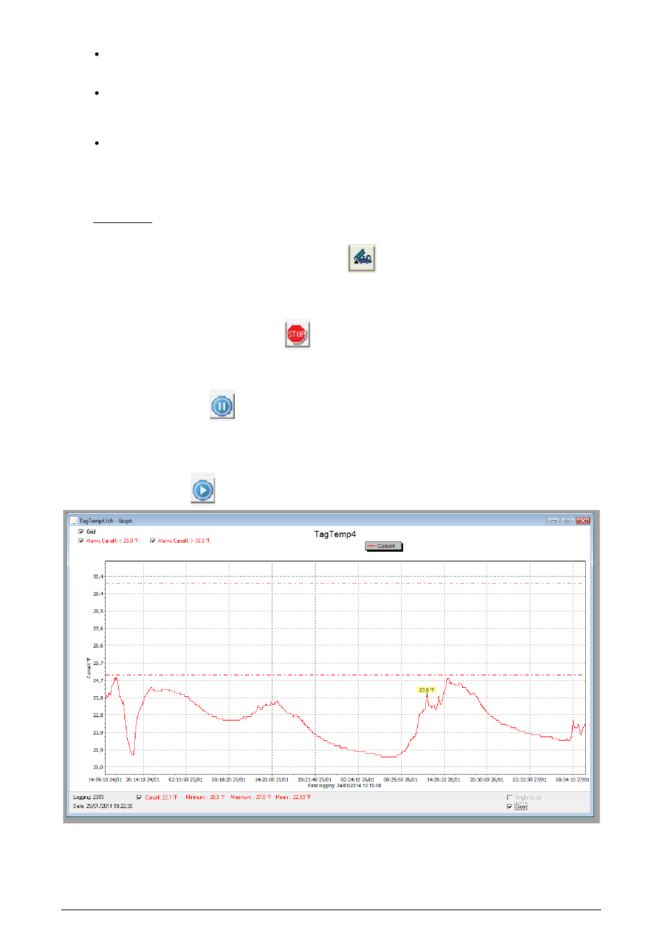 4 stop / pause / resume buttons, 5 offloading and data visualization, 1 offloading data | 2 visualizing data, 1 chart window | NOVUS TagTemp-USB User Manual | Page 3 / 5