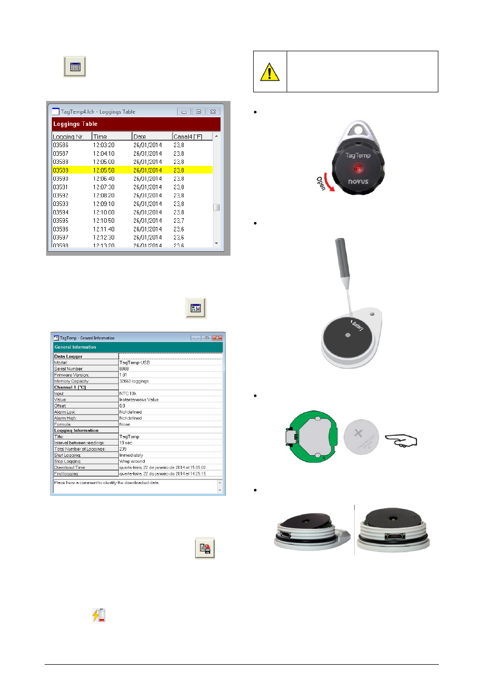 2 measures table window, 3 general information table, 3 exporting data | 4 exporting the data registered, 6 battery replacement | NOVUS TagTemp-USB User Manual | Page 4 / 5