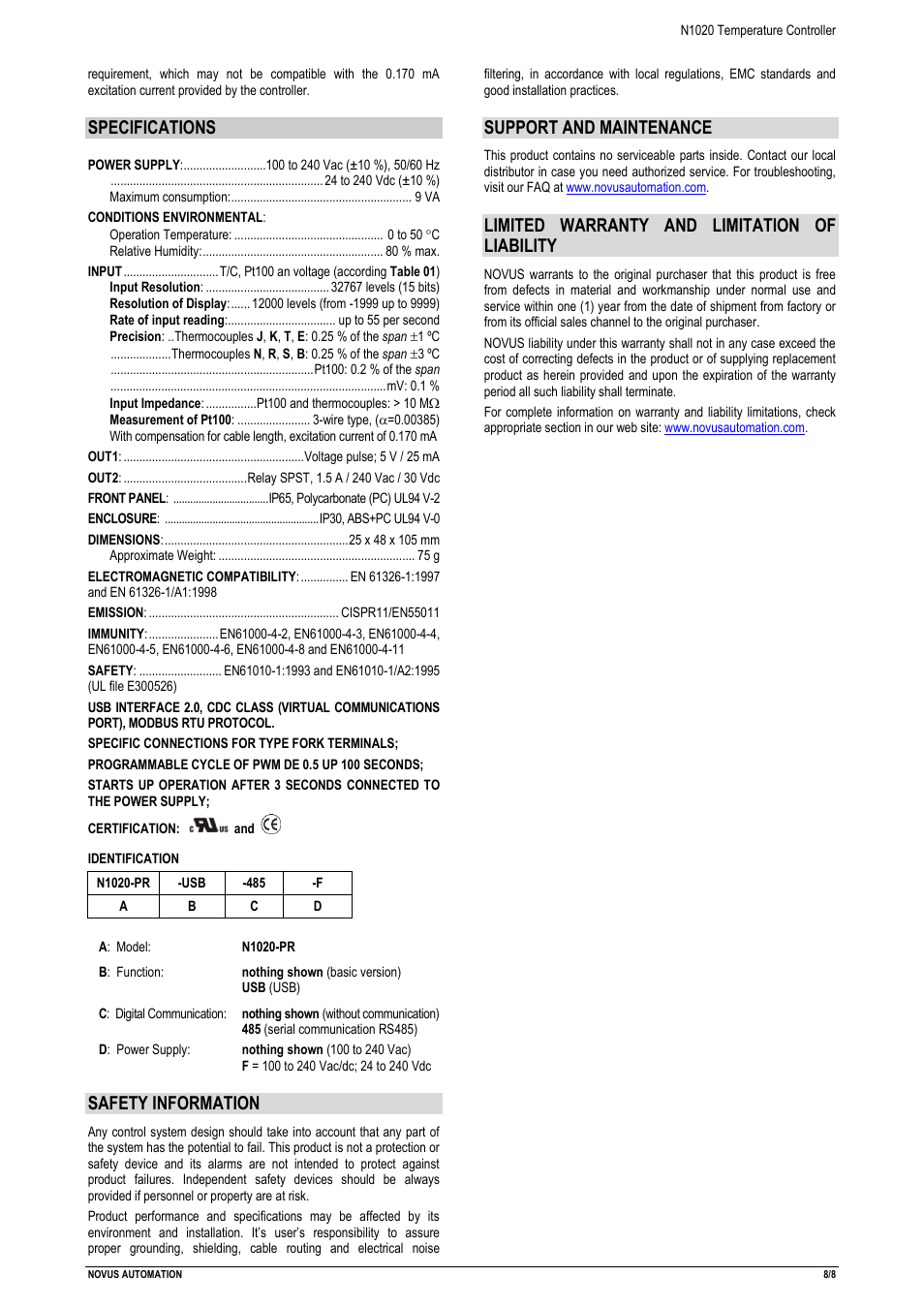 Specifications, Safety information, Support and maintenance | Limited warranty and limitation of liability | NOVUS N1020 User Manual | Page 8 / 8