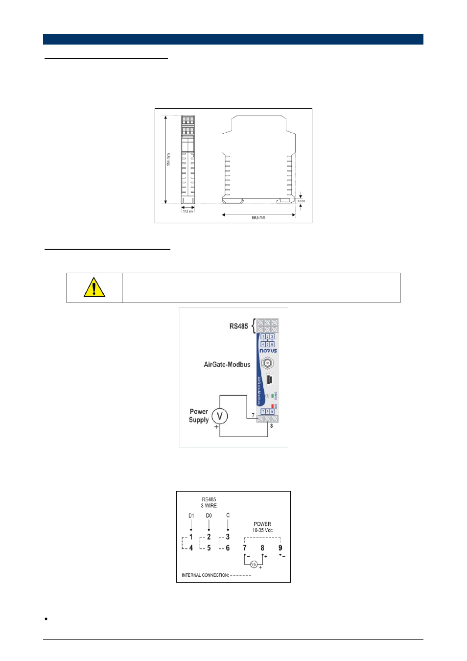 Connection and installation, Mechanical installation, Dimensions | Electrical installations, Installation recommendations | NOVUS AirGate-Modbus User Manual | Page 3 / 22