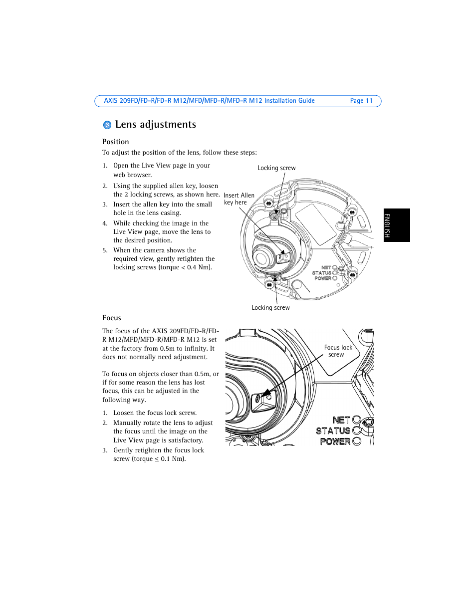 Lens adjustments | Axis Communications 209MFD-R M12 User Manual | Page 11 / 73