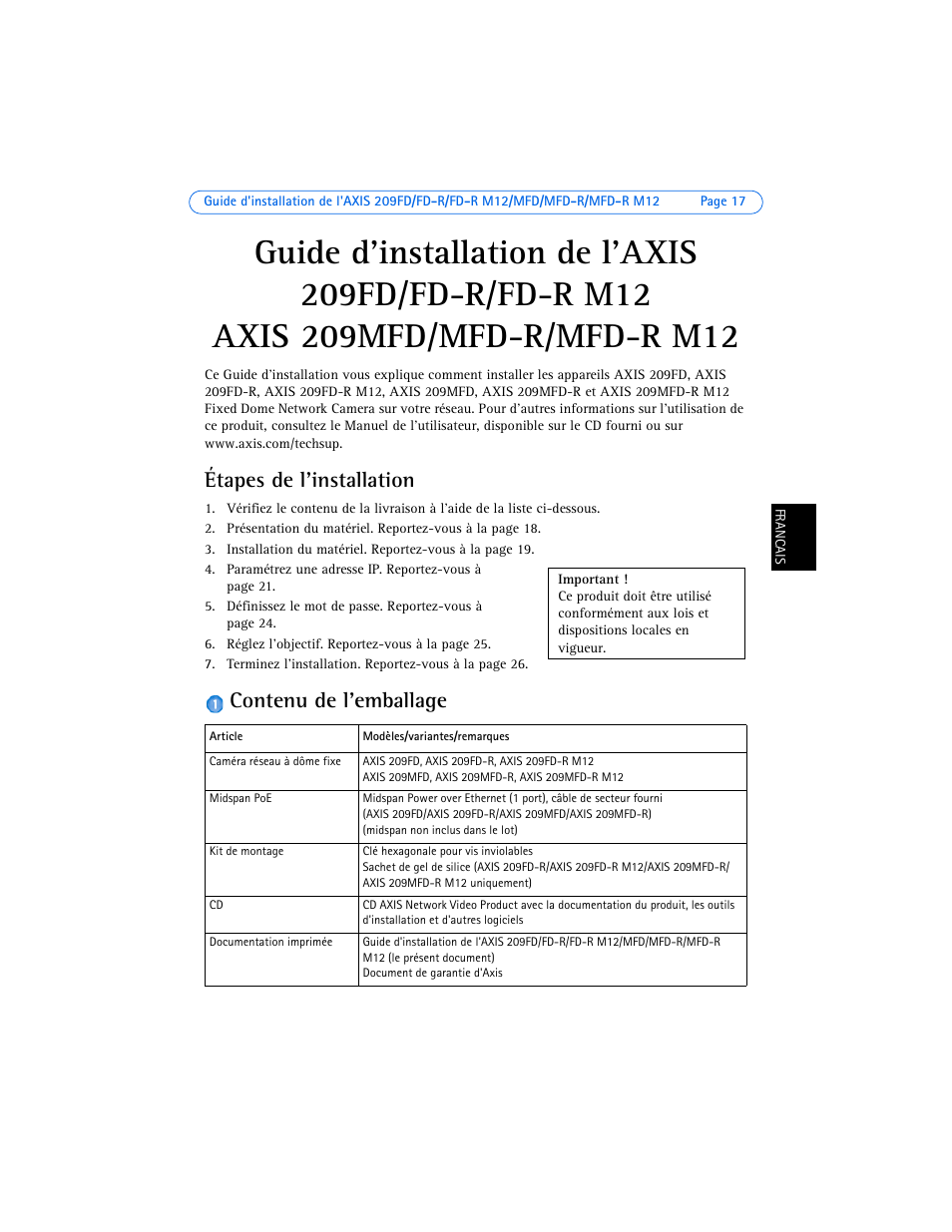 Étapes de l'installation, Contenu de l'emballage | Axis Communications 209MFD-R M12 User Manual | Page 17 / 73