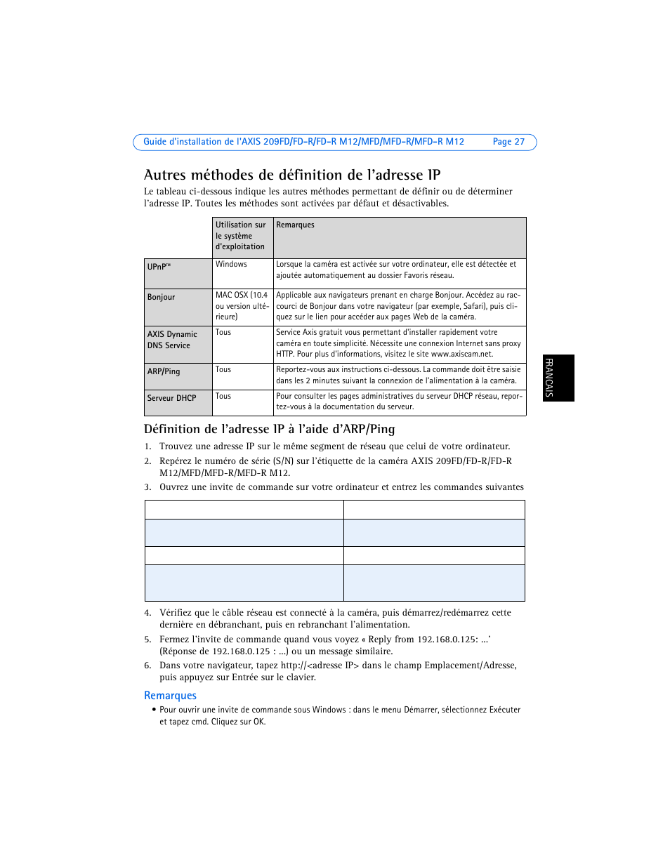 Autres méthodes de définition de l'adresse ip, Définition de l'adresse ip à l'aide d'arp/ping, Remarques | Axis Communications 209MFD-R M12 User Manual | Page 27 / 73