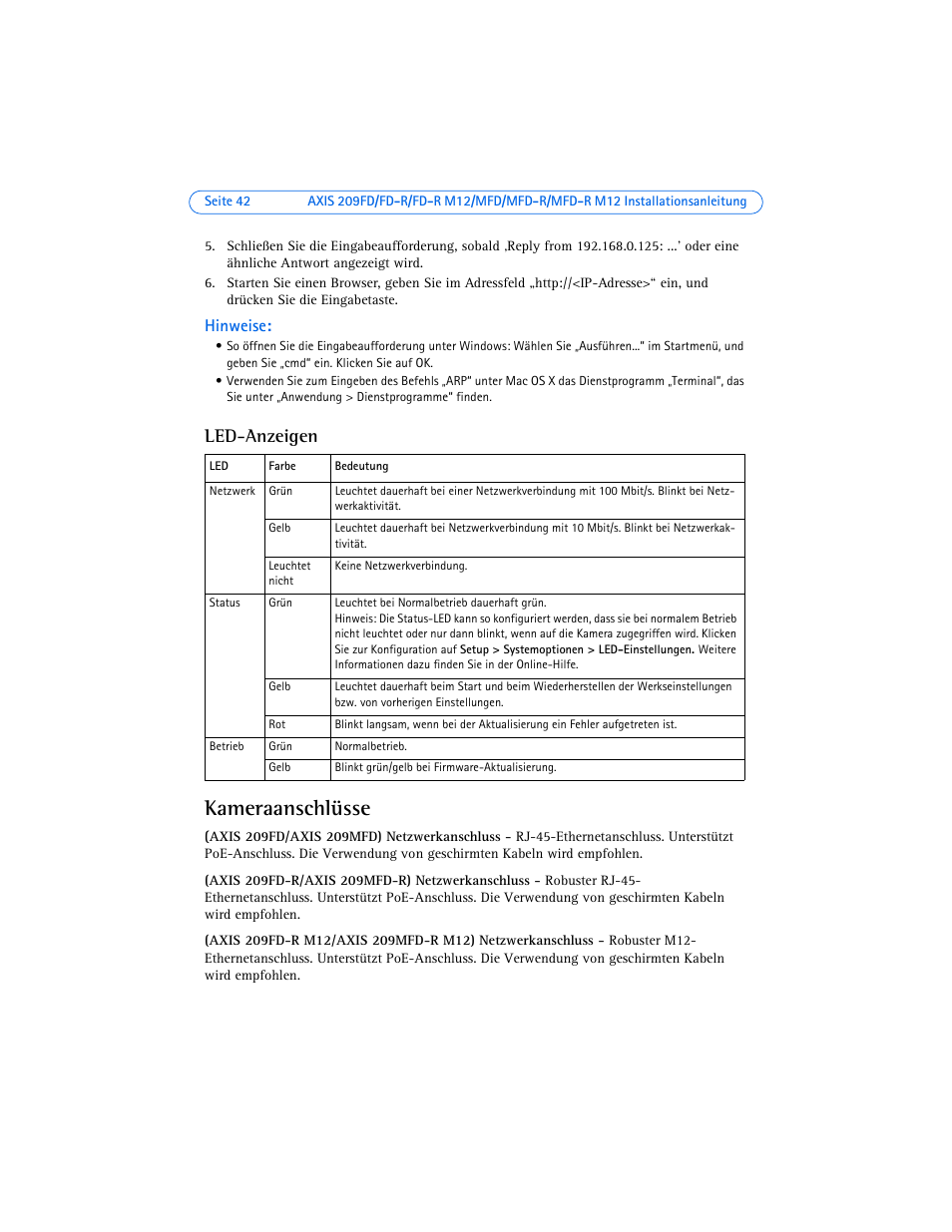 Led-anzeigen, Kameraanschlüsse, E auf seite 42 | Hinweise | Axis Communications 209MFD-R M12 User Manual | Page 42 / 73
