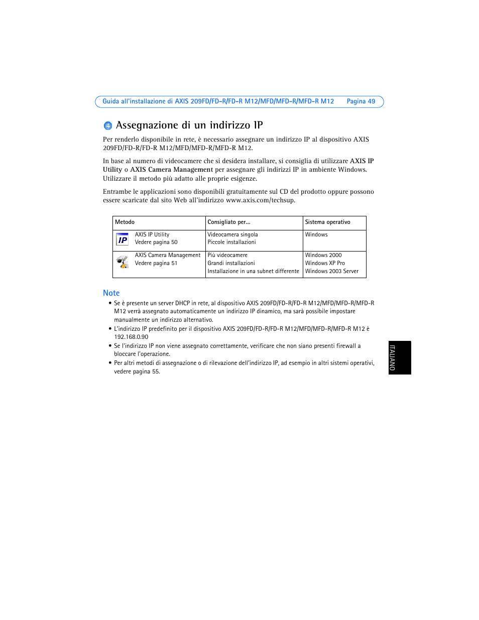 Assegnazione di un indirizzo ip | Axis Communications 209MFD-R M12 User Manual | Page 49 / 73