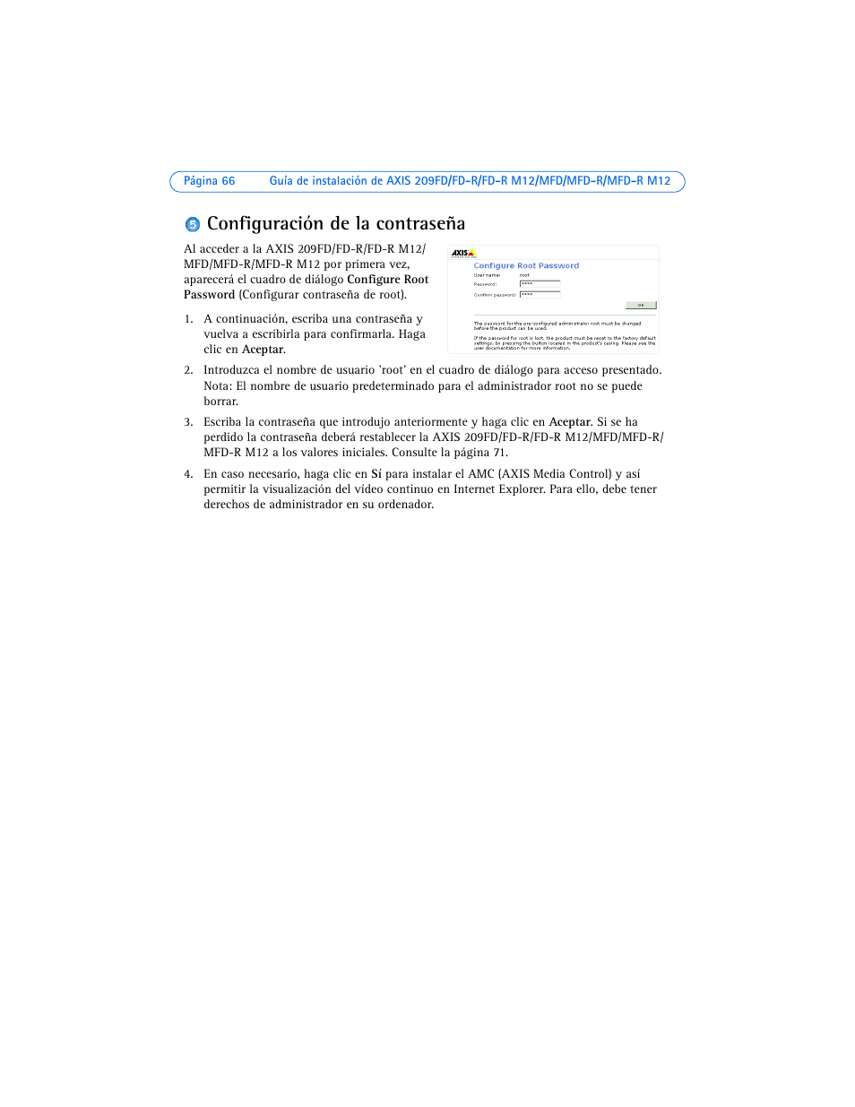 Configuración de la contraseña | Axis Communications 209MFD-R M12 User Manual | Page 66 / 73