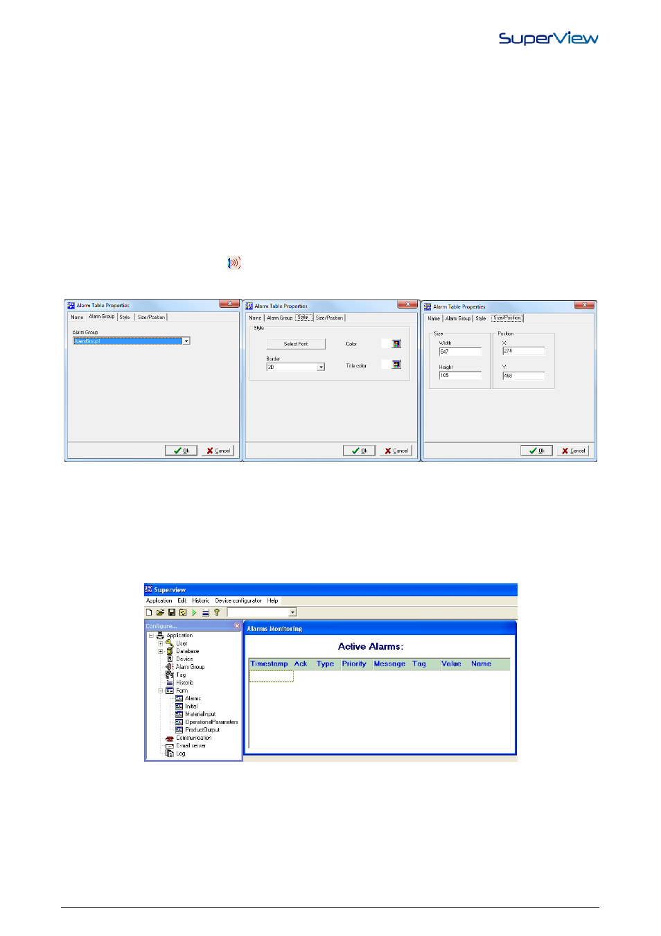 Including an alarm table object, Acknowledging alarms | NOVUS superview User Manual | Page 17 / 38