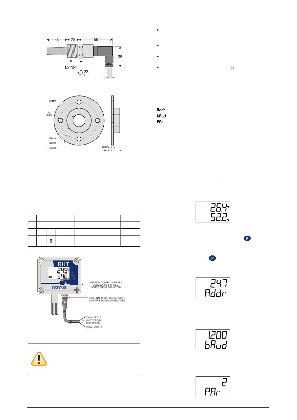 4 electrical installation, 5 configuration / operation, 1 screens of the transmitter | NOVUS RHT-P10-485-LCD User Manual | Page 3 / 6