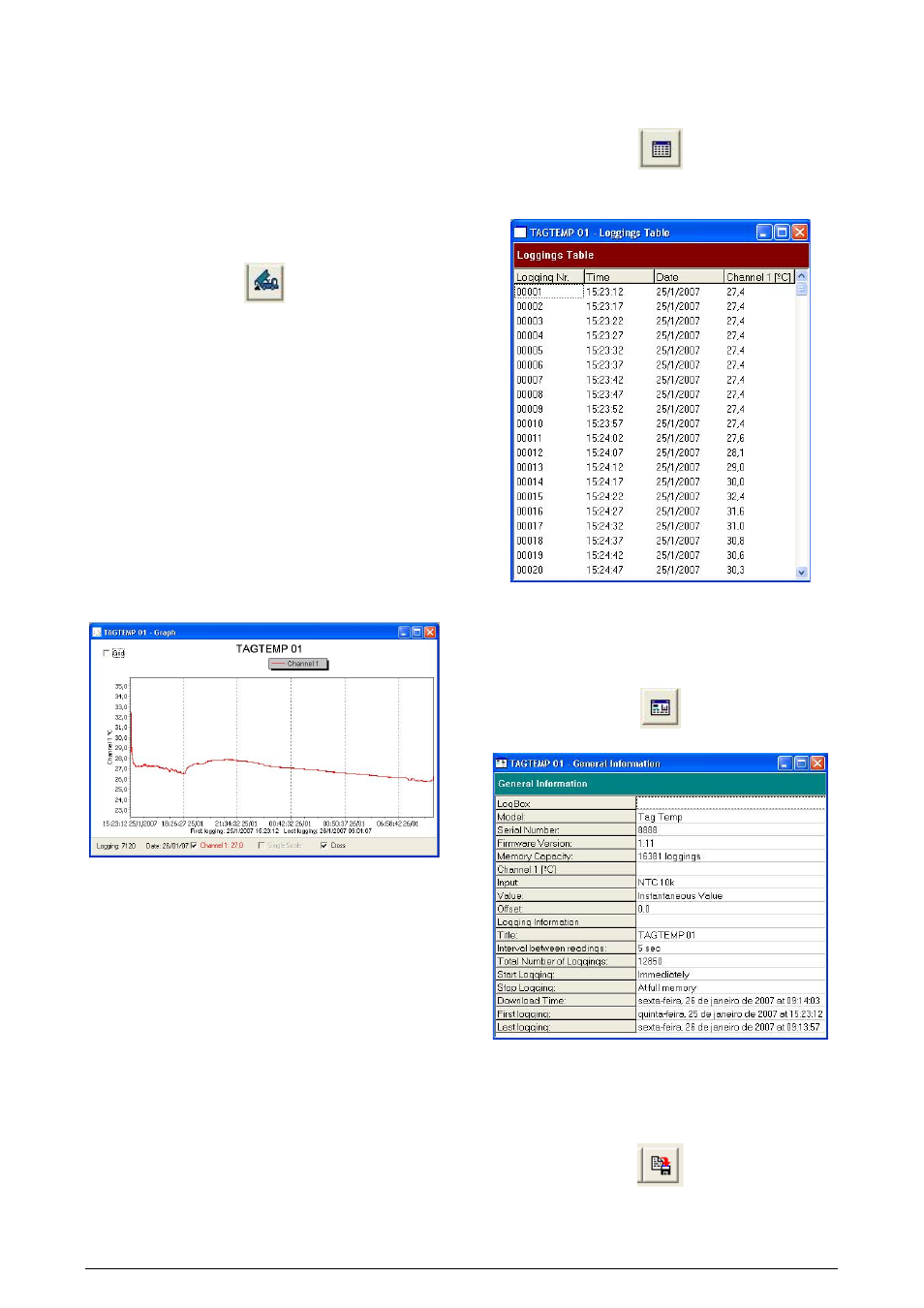 6 offloading and data visualization, 1 offloading data, 2 visualizing data | 3 chart window, 1 measures table window, 2 general information table, 4 exporting data, 6offloading and data visualization | NOVUS TagTemp User Manual | Page 4 / 7
