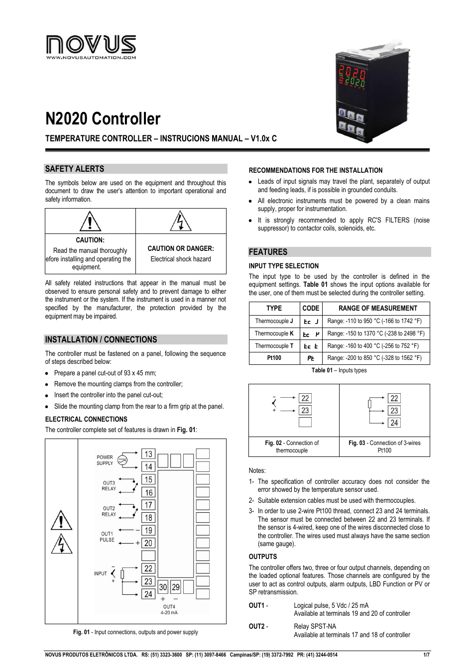 NOVUS N2020 Controller User Manual | 7 pages