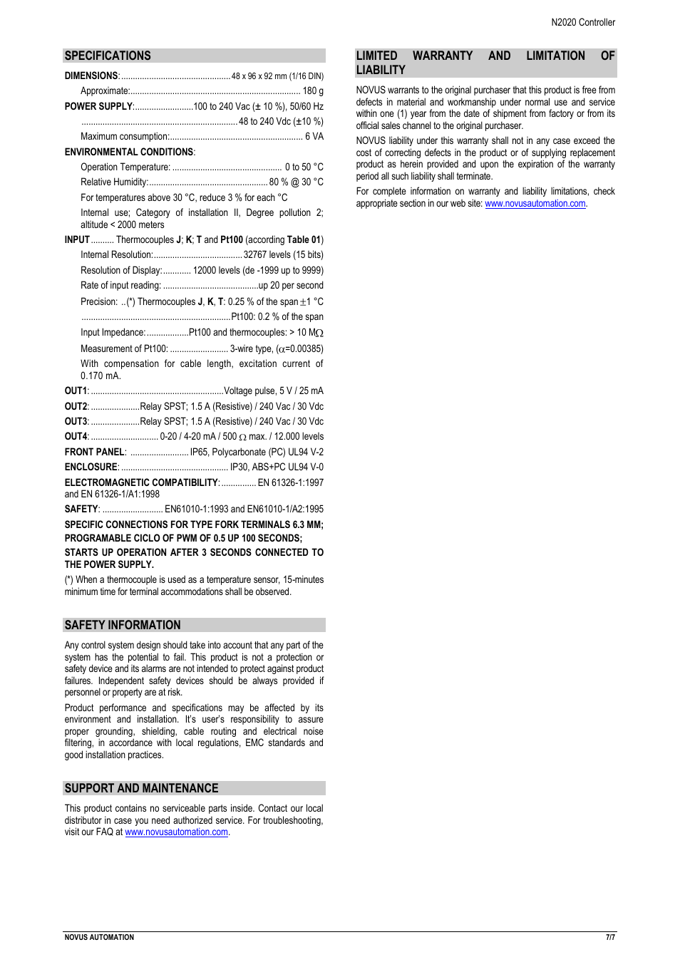 NOVUS N2020 Controller User Manual | Page 7 / 7