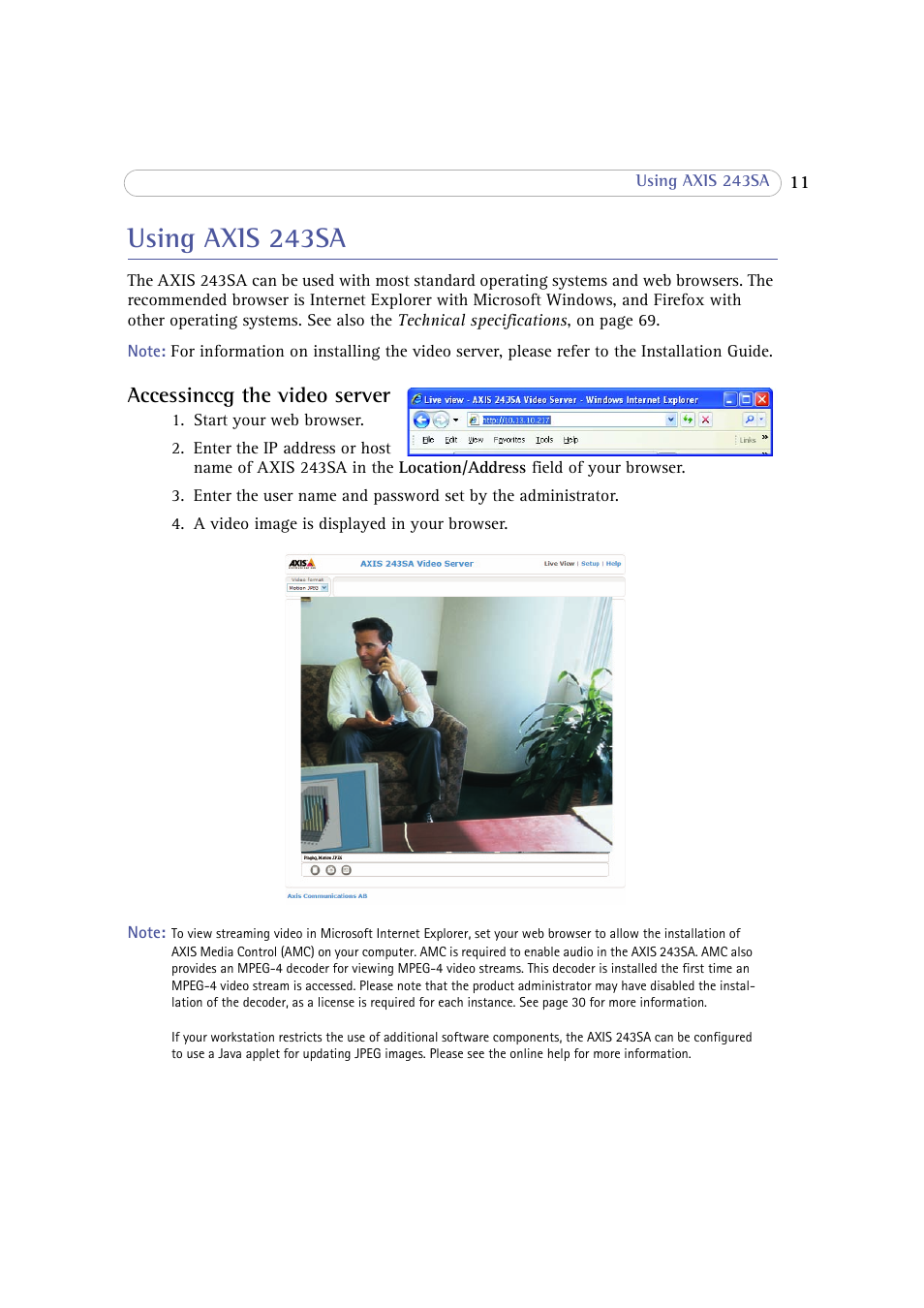 Using axis 243sa, Accessinccg the video server | Axis Communications 243SA User Manual | Page 11 / 86