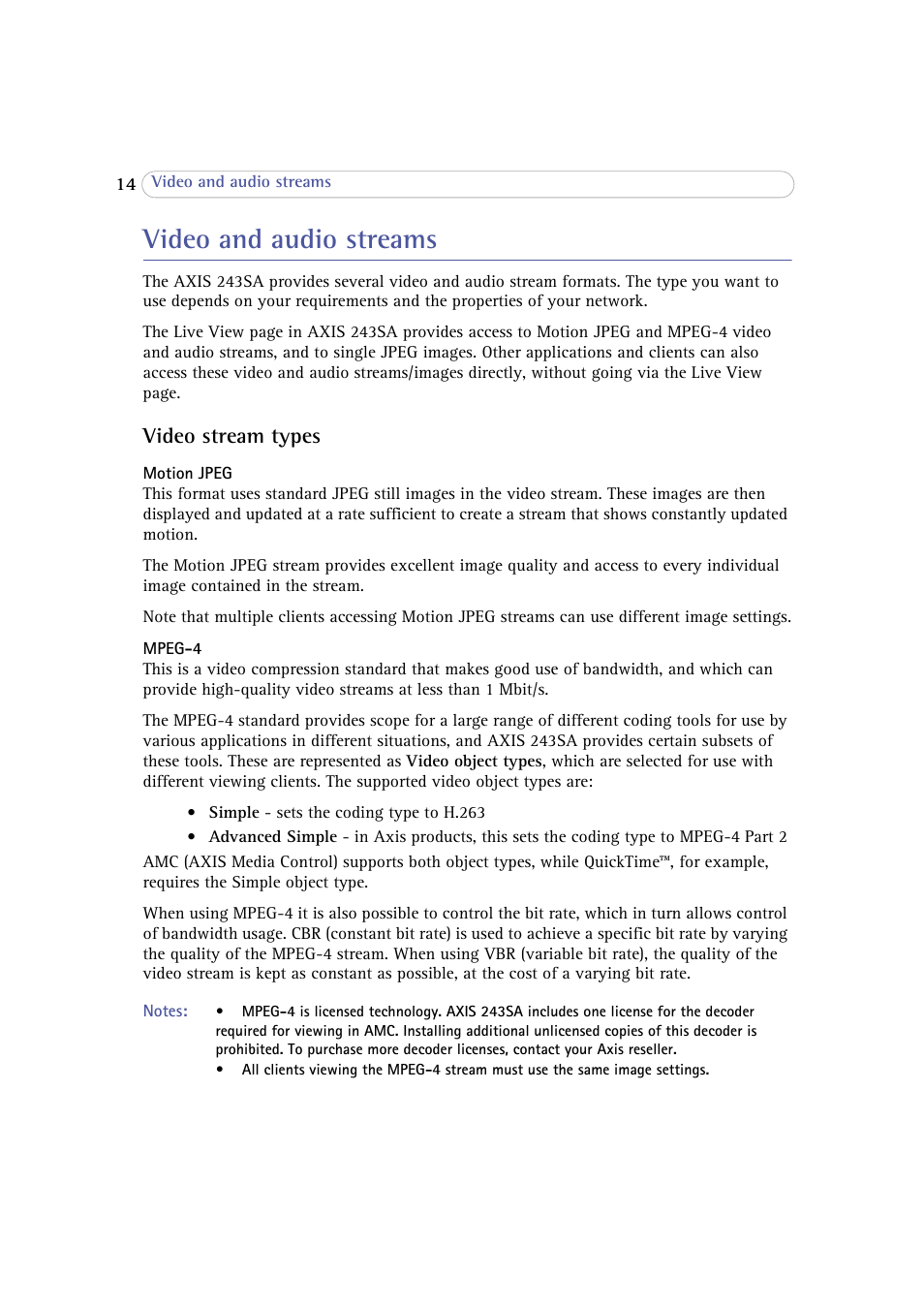 Video and audio streams, Video stream types | Axis Communications 243SA User Manual | Page 14 / 86