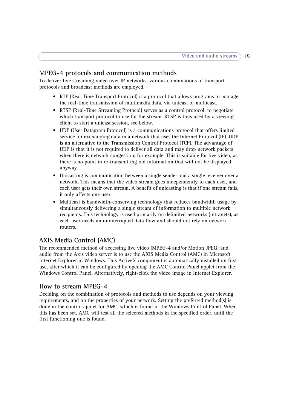 Mpeg-4 protocols and communication methods, Axis media control (amc), How to stream mpeg-4 | Axis Communications 243SA User Manual | Page 15 / 86