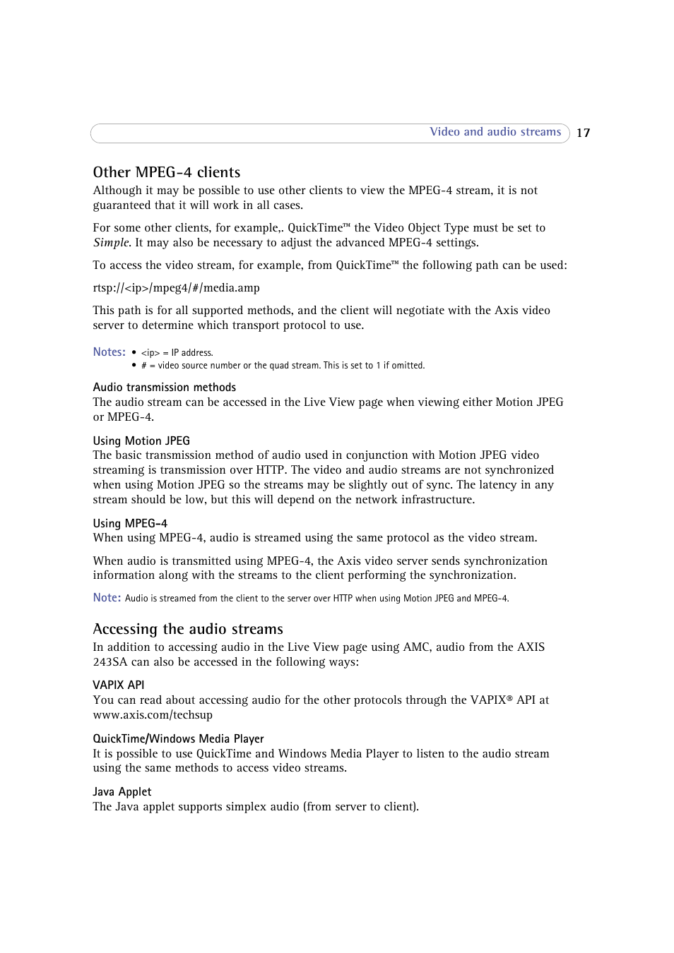 Other mpeg-4 clients, Accessing the audio streams | Axis Communications 243SA User Manual | Page 17 / 86