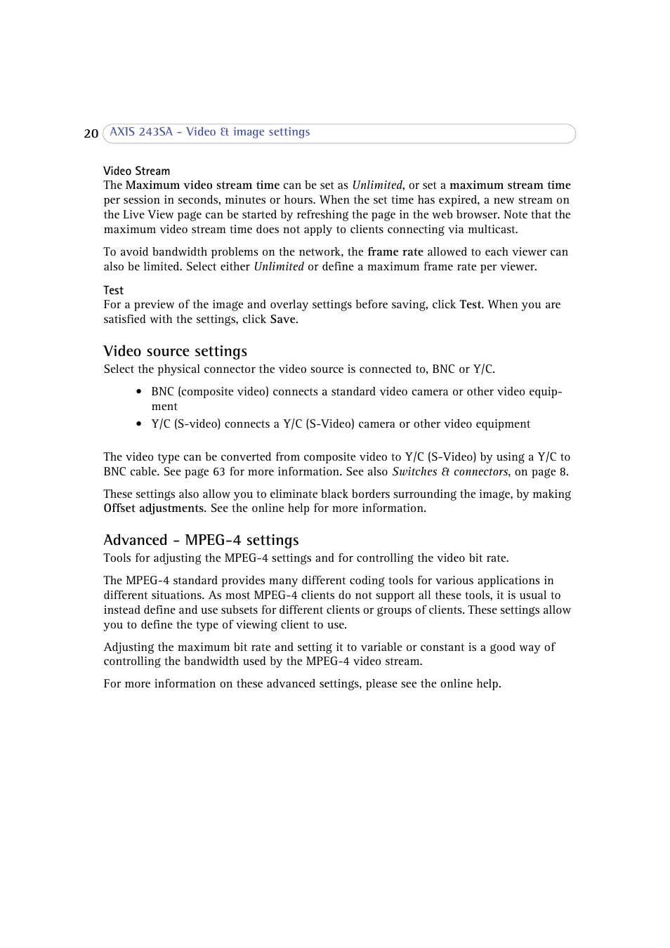 Video source settings, Advanced - mpeg-4 settings, Video source settings advanced - mpeg-4 settings | Axis Communications 243SA User Manual | Page 20 / 86